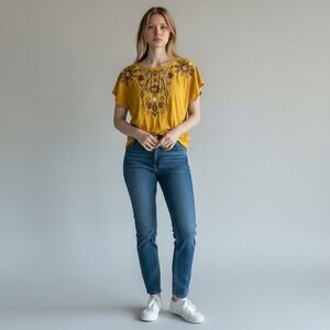 Solitaire Mustard Yellow Embroidered Boho Blouse Rayon Short Sleeve Top 21-232 M
